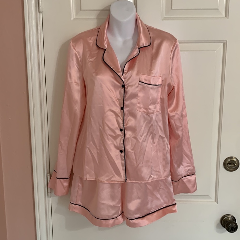 Nasty Gal Button Long Sleeve Short Set Pajamas Light Pink with Black Piping Trim